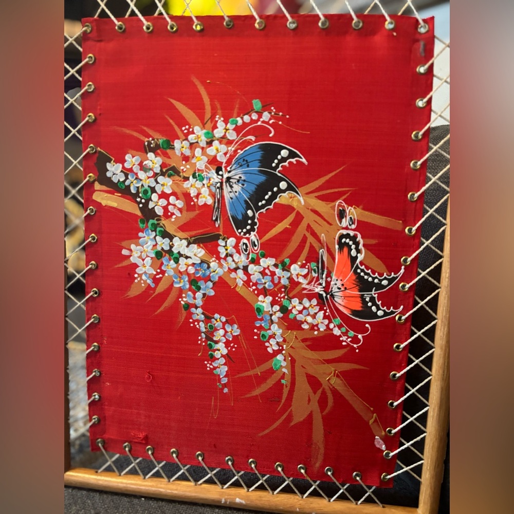 Vintage Hand-Painted Asian Silk Butterfly Artwork in Bamboo Laced Frame | 18x13 - Picture 4 of 16